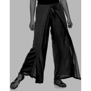 Y2K Palazzo Pants Wrap Tie Front Wide Leg Crochet Boho Whimsigoth Black Sz XL